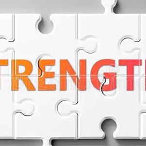 Puede incluir: Una serie de piezas de rompecabezas blancas entrelazadas dispuestas en una fila horizontal. La palabra STRENGTHS está impresa en el centro del rompecabezas en una fuente sans-serif negrita, con letras que van del naranja al rojo.