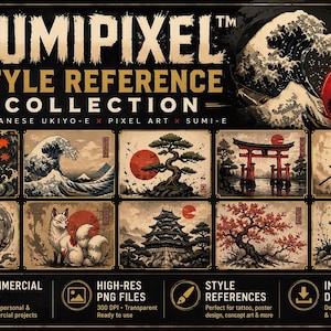 May include: A digital collection titled SUMIPIXEL STYLE REFERENCE COLLECTION featuring 10 high-resolution PNG images. The artwork displays Japanese-inspired themes including a koi fish, ocean wave, bonsai tree, torii gate, samurai, dragon, fox, castle, cherry blossom tree, and stone lantern.