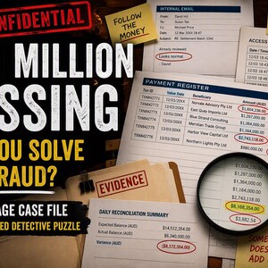 Könnte beinhalten: Ein Detektiv-Rätselspiel mit einer 40-seitigen Fallakte mit Dokumenten, darunter ein Zahlungsregister, ein Zugriffsprotokoll und eine interne E-Mail. Der Text lautet $8.1 MILLION MISSING, CAN YOU SOLVE THE FRAUD?, EVIDENCE und diverse Finanzdaten.