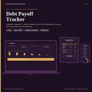 May include: A digital Debt Payoff Tracker workbook displayed on a laptop, tablet, and phone screen. The dark purple interface features a dashboard with debt remaining, paid off percentage, and a balance falling bar chart. Text includes "One plan. Every dollar accounted for," "Debt Payoff Tracker," "Payment Plan," and "Milestones."