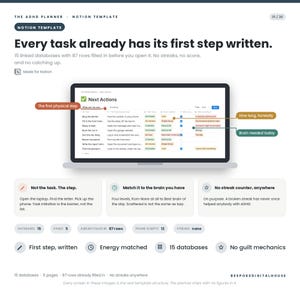 May include: A digital Notion template titled The ADHD Planner, displayed on a laptop screen. It features a Next Actions database with columns for tasks, first steps, time estimates, and energy levels, alongside explanatory text and icons.