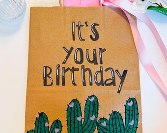 Hand-Painted Birthday Gift Bag | Cactus Birthday Bag | Personalized Gift Packaging