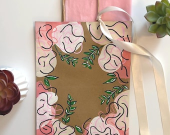 Personalized Hand Painted Floral Gift Bag, Custom Kraft Paper Gift Bag with Name