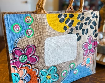 Hand-Painted Burlap Tote Bag | Colorful Floral Design | Personalized Gift