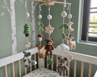 Crochet Woodland Baby Mobile, Bear Deer Raccoon Wolf Crib Decor, Forest Nursery Mobile, Handmade Gift for Baby Boy and Girl, Room Decor