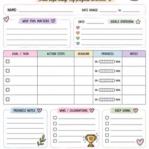 Könnte beinhalten: Eine Goal & Progress Tracker Planerseite mit pastellfarbenen Überschriften, einer Aufgabentabelle mit Fortschrittsbalken sowie Bereichen für Notizen, Erfolge und Erinnerungen. Das Design enthält Illustrationen einer Pflanze, Tasse und Trophäe.