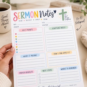 May include: A white 8x10 notepad titled Sermon Notes with colorful headings and sections for Key Points, Scripture Notes, What It Means, How I Can Apply It, Prayer Requests, Next Steps, and Words to Remember, featuring the text Be still and know that He is God.