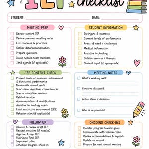May include: A printable IEP checklist document featuring sections for meeting prep, student information, content check, meeting notes, follow up, and ongoing check-ins. The page includes colorful headers, checkboxes, and illustrations of a stack of books, an apple, and a pencil.