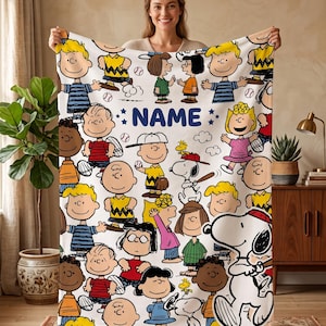 Custom Name Snoopy & Friends Fleece Blanket, Made-to-Measure Peanuts Gang All-Over Character Warm Throw for Kids Nursery Bedroom