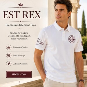 May include: A white short-sleeved polo shirt featuring a dark red circular emblem on the left chest and the text EST REX on the right sleeve. The shirt has a classic collar and a button placket. The image includes text: EST REX Premium Statement Polo.