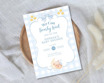 We Can Bearly Wait Baby Shower Invitation, Blue Gingham Star & Clouds Teddy Bear Editable Printable Canva Baby Shower Invite Template