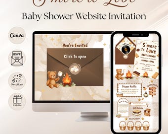 S'more to Love Baby Shower Invite, Cute Fall Brown Bear S'mores Digital Template Website Invitation - Instant Download - RSVP, Music, Links