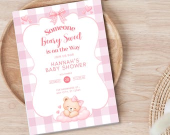 Someone Beary Sweet Is On The Way Baby Shower Invitation, Gingham Pink Bow Cute Angel Bear Themed Baby Shower Editable Canva Invite Template