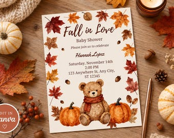 Fall in Love Baby Shower Invitation, Cute Fall and Autumn Bear Themed Baby Shower Invite, Editable Canva Template, Falling in Love Invite