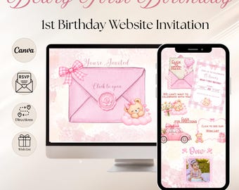 Beary First Birthday Website Invitation, Cute and Sweet Pink Gingham Cloud Bear 1st Birthday Website Invite with RSVP, Photo & Links