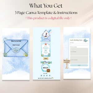 May include: A three-page digital Canva template for a birthday invitation featuring a blue watercolor theme with sea creatures. The text includes 'What You Get', '3 Page Canva Template & Instructions', 'You're invited', 'Click to open', 'Zach's Birthday Party', and 'Wish List'.