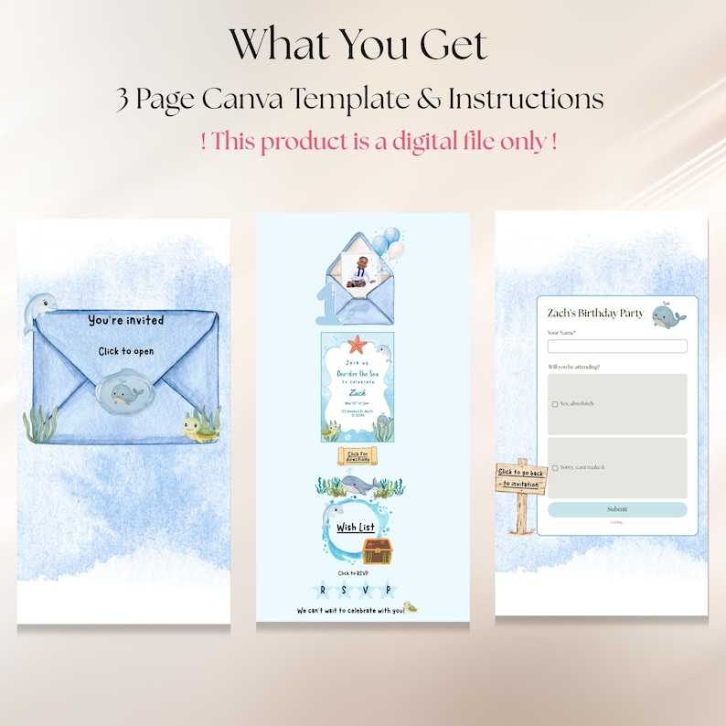 May include: A three-page digital Canva template for a birthday invitation featuring a blue watercolor theme with sea creatures. The text includes 'What You Get', '3 Page Canva Template & Instructions', 'You're invited', 'Click to open', 'Zach's Birthday Party', and 'Wish List'.