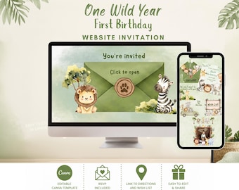 One Wild Year First Birthday Website Invitation, Green Safari Wild Animal Jungle Theme 1st Birthday Website Invite with RSVP, Photo, & Links