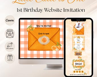 Little Cutie is One First Birthday Website Invitation, Orange Gingham Cutie Fruit Orange Theme 1st Birthday Website Invite with RSVP & Links