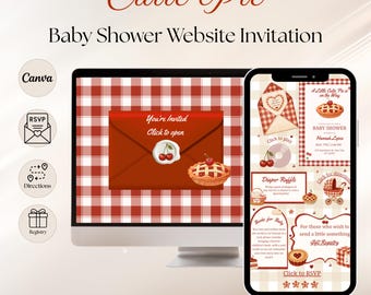 A Little Cutie Pie Is On The Way Baby Shower Website Invitation, Neutral Dark Red Gingham Cherry  Pie Editable Baby Shower Website Invite