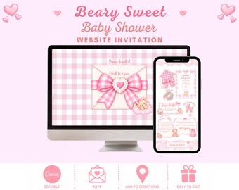 Someone Beary Sweet Is On The Way Baby Shower Invitation, Gingham Pink Bow Cute Bear Baby Shower Website Invite with RSVP, Links & Music