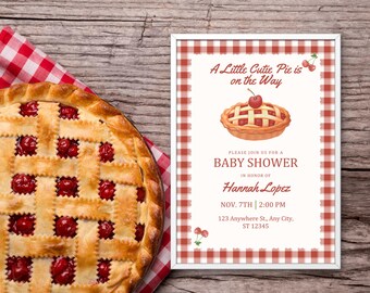A Little Cutie Pie Is On The Way Baby Shower Invitation, Neutral Dark Red Gingham Cherry Cutie Pie Baby Shower Editable Digital Canva Invite