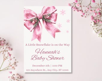 A Snowflake is on the Way Baby Shower Invitation, Elegant Pink Sparkly Christmas Bow Editable Printable Canva Baby Shower Invite Template