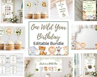 One Wild Year First Birthday Party Bundle, Green Animal Jungle 1st Birthday w/ First Board Sign, Favors, Cupcake Toppers, Invitation & More