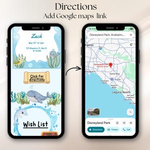 May include: Two smartphones displaying a digital invitation with ocean-themed graphics, including a turtle, whales, and a dolphin, alongside a Google Maps interface showing a location pin for Disneyland Park in Anaheim with navigation buttons.