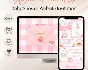 Apple of Our Eye Baby Shower Website Invitation, Pink Bow Gingham Coquette Apple of Our Eye Baby Shower Website with RSVP, Links & Music