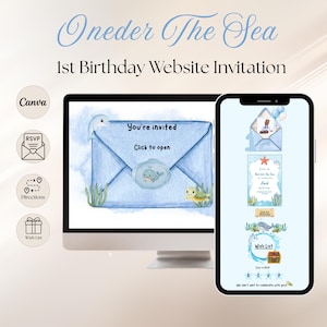 May include: A digital 1st birthday website invitation template titled Oneder The Sea displayed on a computer monitor and smartphone. The design features watercolor sea creatures, an envelope graphic, and interactive buttons for RSVP, directions, and a wish list.