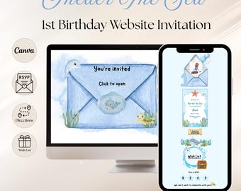 Oneder the Sea First Birthday Website Invitation,  Blue Boy Ocean Under the Sea Themed 1st Birthday Website Invite with RSVP, Photo & Links