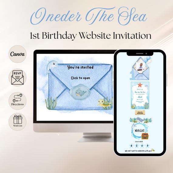 Oneder the Sea First Birthday Website Invitation,  Blue Boy Ocean Under the Sea Themed 1st Birthday Website Invite with RSVP, Photo & Links