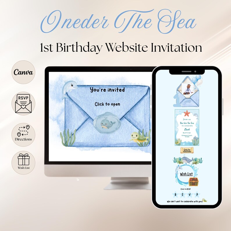 May include: A digital 1st birthday website invitation template titled Oneder The Sea displayed on a computer monitor and smartphone. The design features watercolor sea creatures, an envelope graphic, and interactive buttons for RSVP, directions, and a wish list.