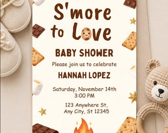 S'more to Love Baby Shower Invitation, Cozy S'mores Fall Bear Themed Baby Shower Invitation, Editable Canva Template, Digital download