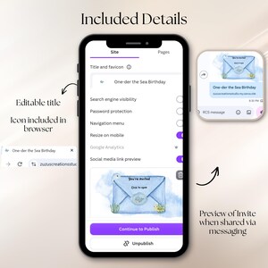 May include: A smartphone screen displaying a website builder interface with the title One-der the Sea Birthday. The interface shows settings for search engine visibility, mobile resizing, and a social media link preview featuring a blue envelope graphic.