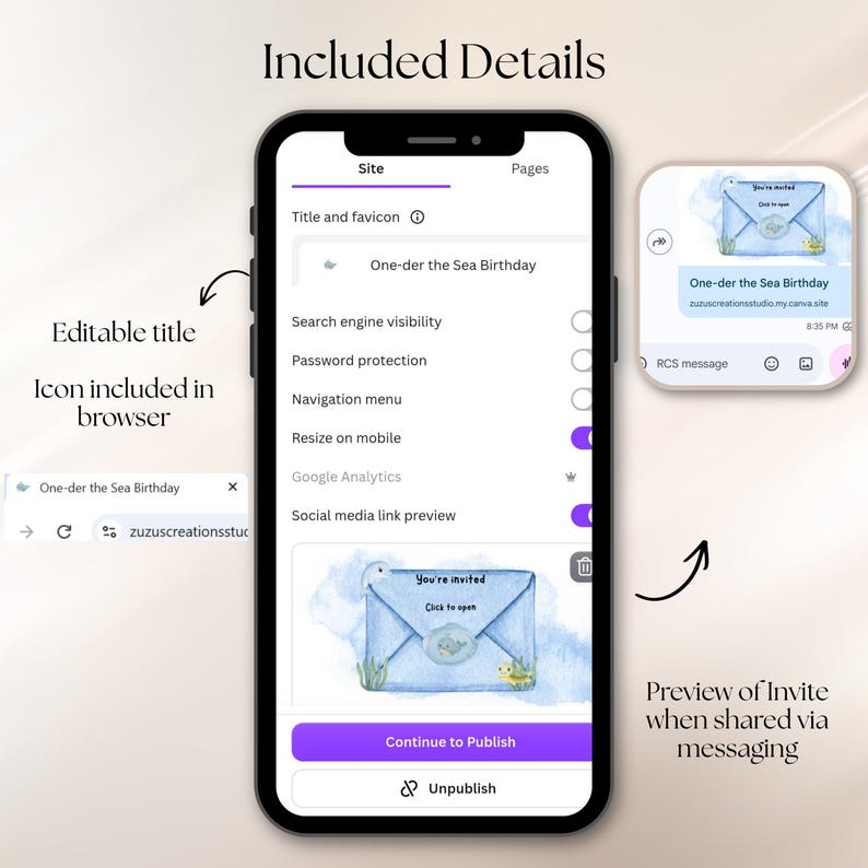 May include: A smartphone screen displaying a website builder interface with the title One-der the Sea Birthday. The interface shows settings for search engine visibility, mobile resizing, and a social media link preview featuring a blue envelope graphic.