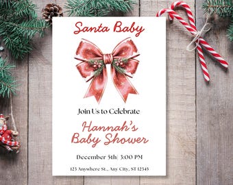 Santa Baby Baby Shower Invitation, Festive & Elegant Red and Green Christmas Bow Editable Printable Canva Baby Shower Invite Template