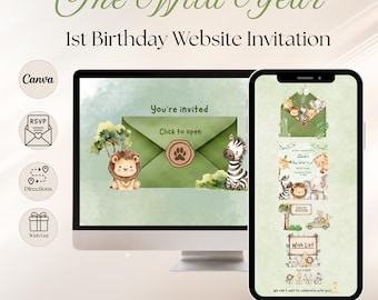 One Wild Year First Birthday Website Invitation, Green Wild Gender Neutral Animal Jungle Theme 1st Birthday Website Invite with RSVP & Links
