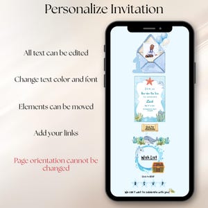 May include: A smartphone displaying a digital invitation template with a light blue background. The design features watercolor illustrations of an envelope, a starfish, whales, and a treasure chest. Text includes "Join us One-der the Sea", "Zack", "Wish List", "Click for directions", "Click to RSVP", and "We can't wait to celebrate with you!"