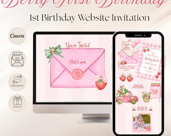 Berry First Birthday Website Invitation, Editable Canva Template Pink Girl Strawberry 1st Birthday Website Invite with RSVP, Photo & Links