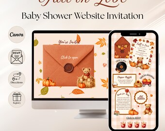 Fall In Love Baby Shower Website Invitation, Cute Cozy Fall and Autumn Bear Themed Baby Shower Website Invite with RSVP, Links & Music