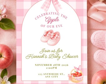 Apple Of Our Eye Baby Shower Invitation, Sweet Pink Simple Gingham Fall Baby Girl Apple Of My Eye Digital Editable Canva Invite Template