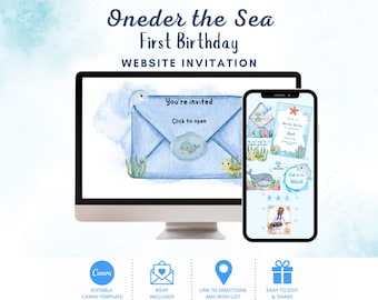 Oneder the Sea First Birthday Website Invitation,  Blue Boy Ocean Under the Sea Themed 1st Birthday Website Invite with RSVP, Photo & Links