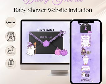 Baby Ghoul Shower Website Invitation Template, Purple Ghost Halloween Girl Baby Shower Editable Canva Invite with RSVP, Links & Music