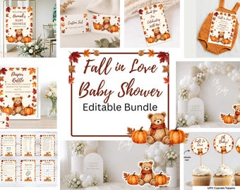 Fall In Love Baby Shower Bundle, Fall & Autumn Orange and Red Bear Themed Baby Shower Editable Canva Bundle, Signs, Diaper Raffle, Games
