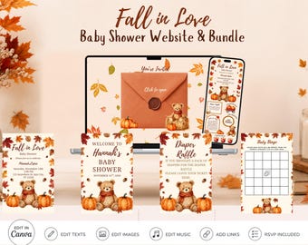 Fall In Love Baby Shower Website Invitation Bundle,  Fall & Autumn Orange and Red Bear Bundle With Website Invitation - RSVP, Links, Music