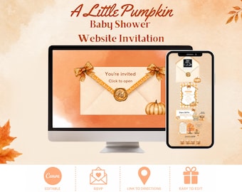 Fall Little Pumpkin Baby Shower Website Invitation, Cute and Cozy Autumn Pumpkin Baby Shower Website with RSVP, Links & Music