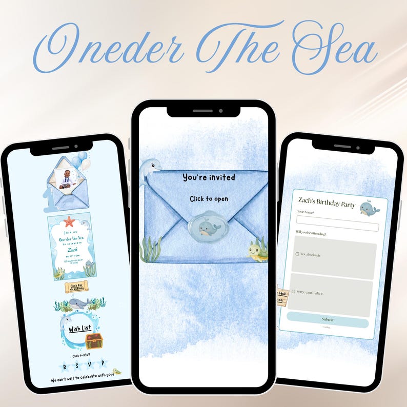 May include: Three smartphones displaying a digital birthday invitation theme titled Oneder The Sea. The screens feature light blue watercolor backgrounds, illustrations of whales, sea creatures, and an envelope with the text You're invited.