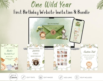 One Wild Year First Birthday Website Invitation & Bundle - Safari Jungle Animal Theme Editable RSVP, Links, Music, First Year Sign, and More